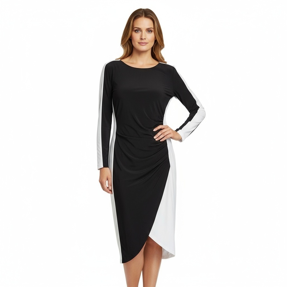 Lauren by Ralph Lauren Womens Size 12 Black White Colorblock Ruched Midi Dress L